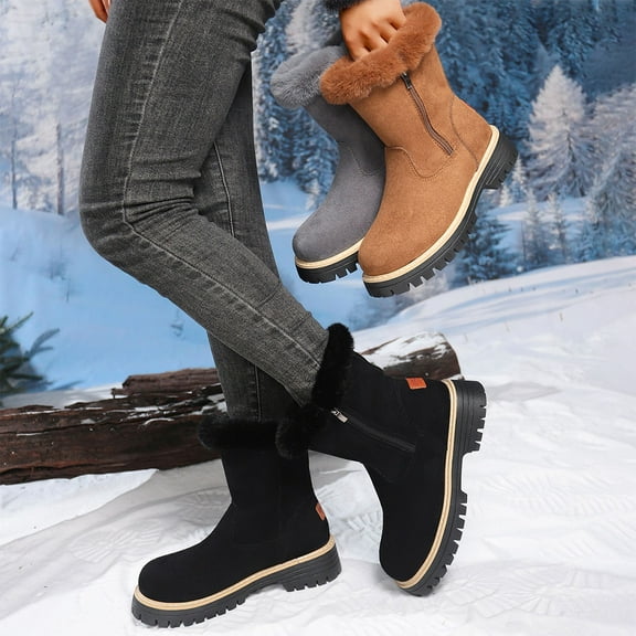 Lovzfmll Winter Boots for Women, Mid Calf Snow Boots Faux Fur Lined Letters, Low Heel Round Toe Booties Winter Warm Casual Black Boots