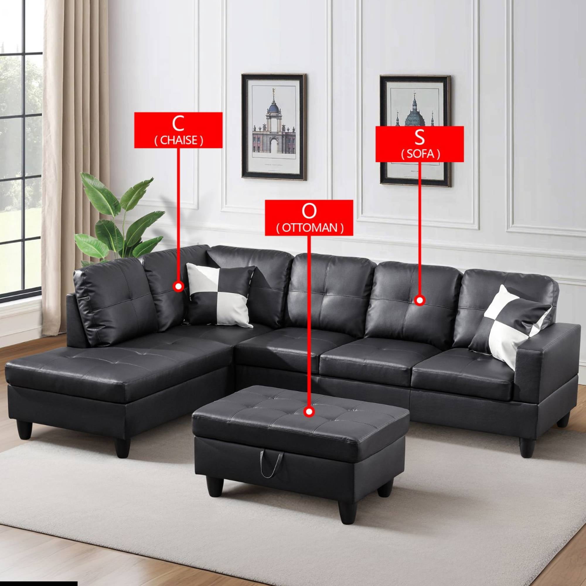 Modern Sectional Sofa Couch, 4-Seaters Leather Sleep Sofa with Left Chaise Lounge , Ottoman Furniture Sets for Living Room