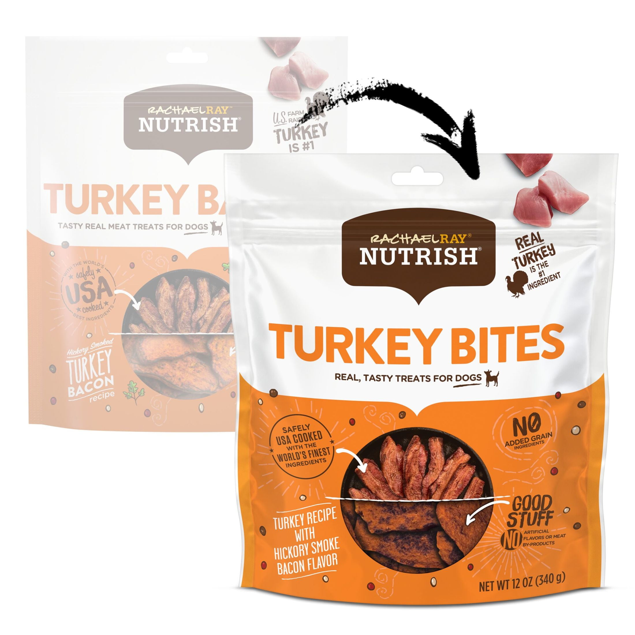 Rachael Ray Nutrish Turkey Bites Dry Dog Treats, Turkey & Hickory Smoke Bacon Soft Treats, 12 oz. Pouch