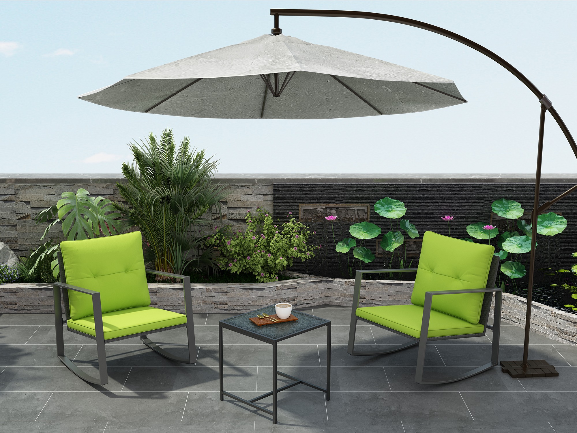 Fleur 3-Piece Patio Furniture Set -Two Solid Relaxing Chairs With Glass Garden Coffee Table - Green - image 2 of 9