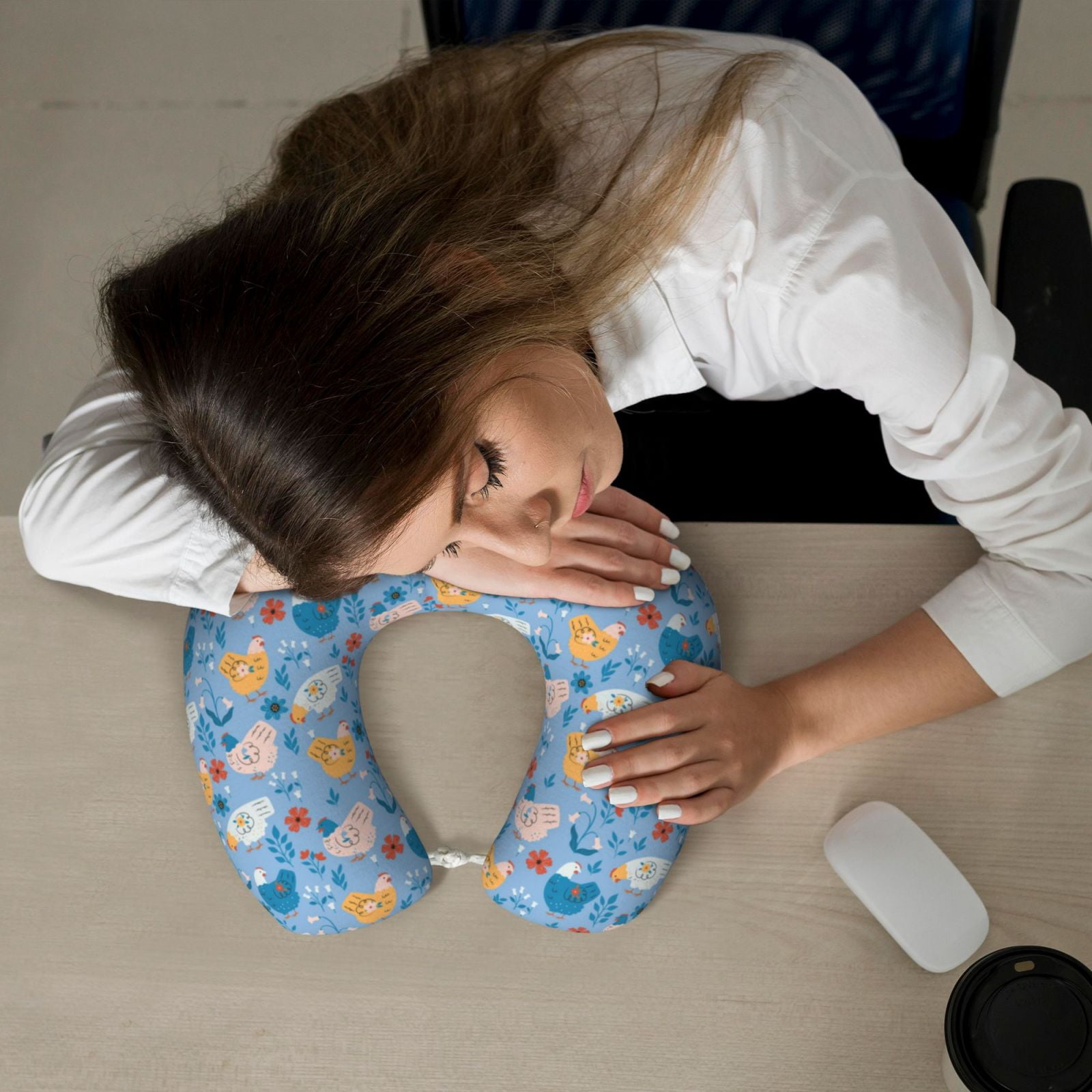 Xecao Cute Chickens and Flowers Print Memory Foam Cervical Neck Pillow Versatile U-Shaped Pillows for Home,Office,Camping,Travelling,Soft Washable Cover