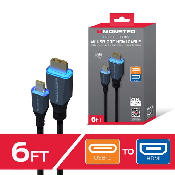 Monster 8K HDMI Cable 6ft, Ultra High Speed HDMI 2.1 Cord with LED Connectors, 48Gbps, 4K 144Hz Gaming, HDR for PS5, Xbox, TV, Monitor