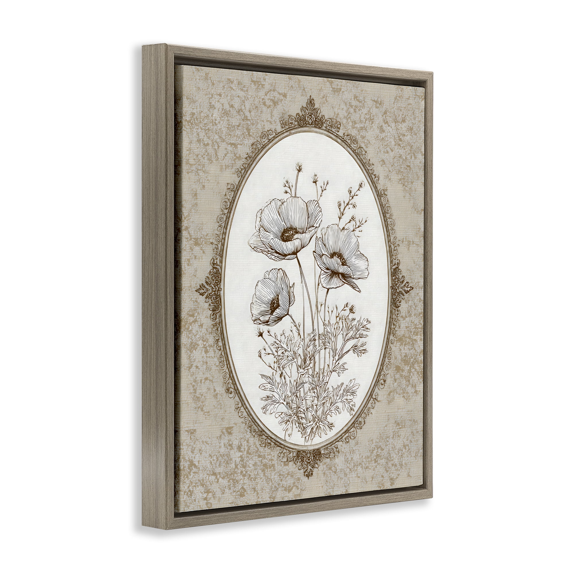 Stupell Industries Vintage Floral Sketch of Poppies Brown Framed Floater Canvas Wall Art, design by Ink Drop Loft