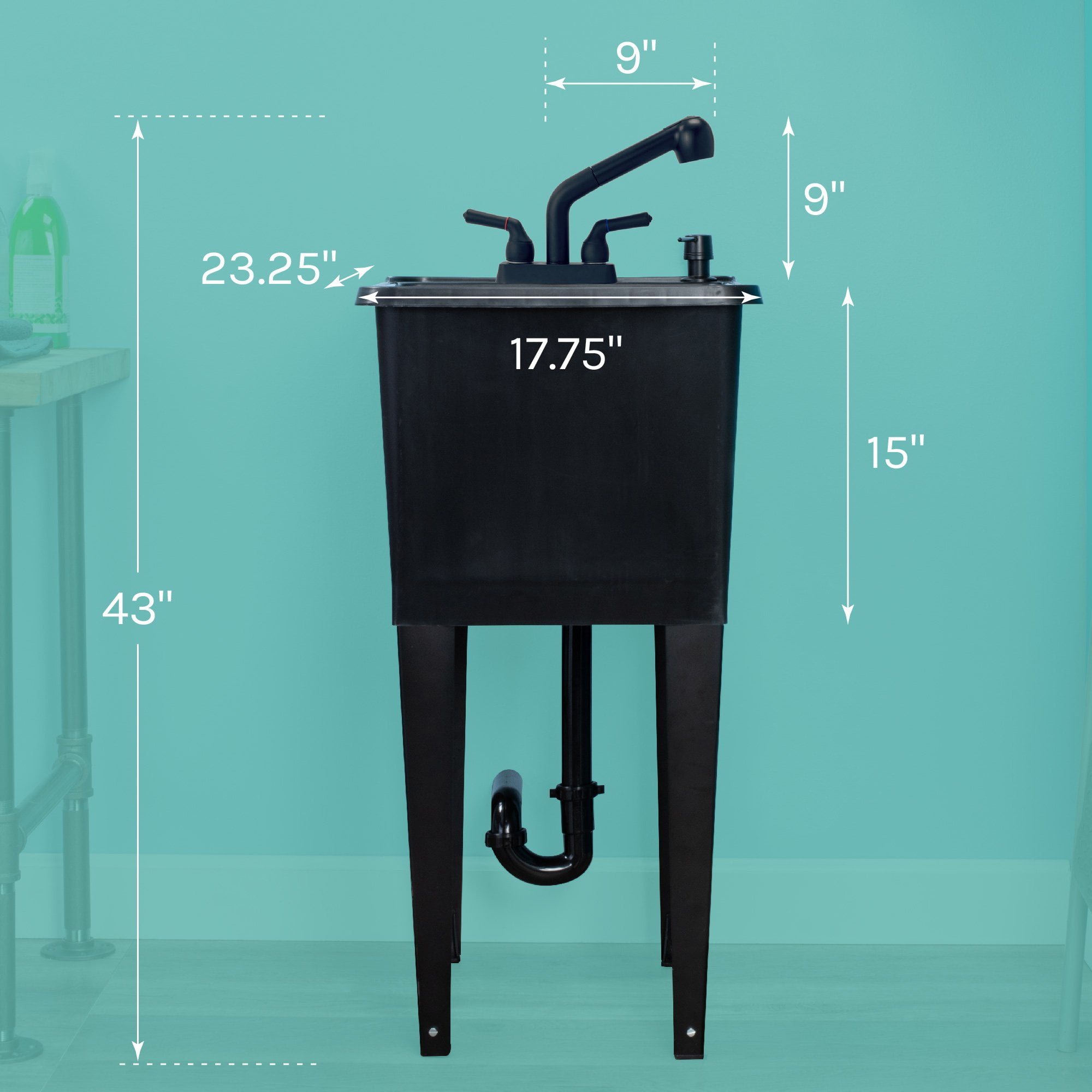 TEHILA Black Freestanding Floor Mount Space Saver Utility Sink with Black Faucet for Laundry Room