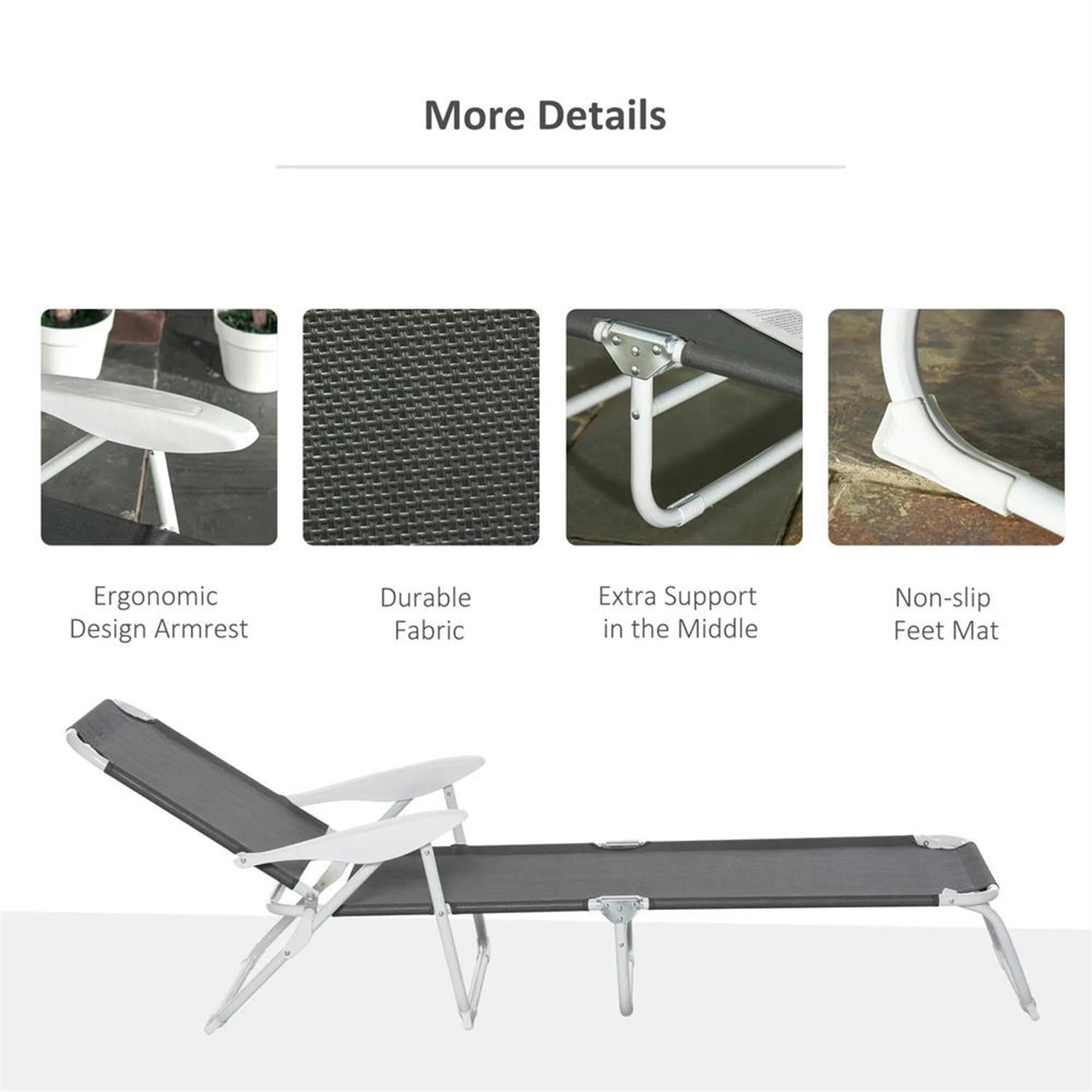 Demi Bonn Outdoor Folding Beach Lounger with Pillow, 5-Position Sun Tanning Chair, Face Hole for Beach, Yard, Patio, Dark Gray