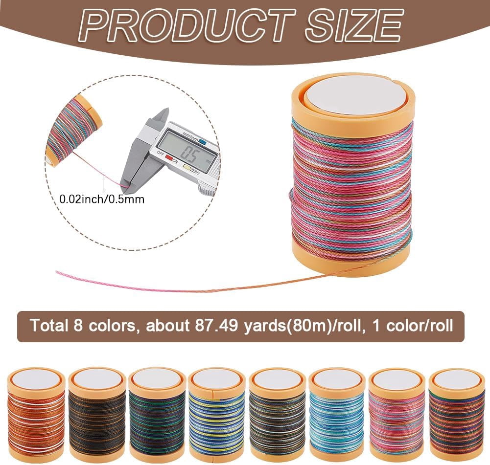 640M/700 Yards 8 Rolls 0.5mm Colorful Wax Thread Beading Cord Waxed Round Polyester Macrame Segmented Dyeing String Ropes for Jewelry Making Bracelets Beading Sewing DIY Crafting Polyester