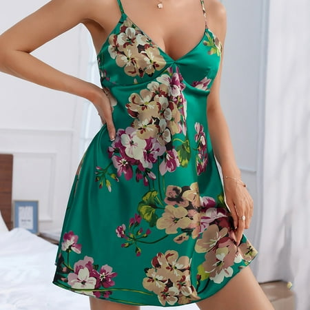 Xysaqa Women Sexy Nightgown Chemise Mini Slip Dress Floral Print V Neck Negligee Sleepwear Spaghetti Straps Sleepdress Ladies Lingerie Summer Savings