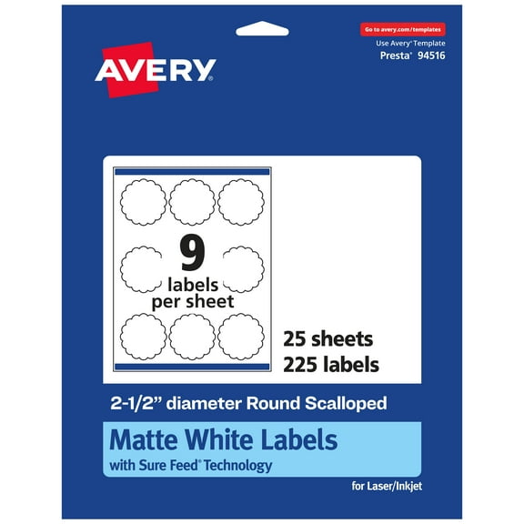 Avery White Round Scalloped Labels, 2.5" Diameter, 225 Labels