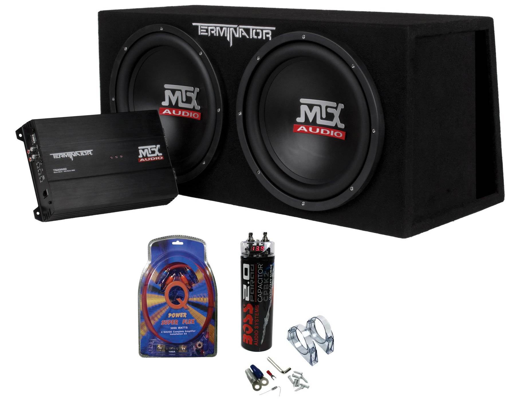 MTX Dual 12" Subwoofers and Amplifier Package w/ Wiring Kit & 2 Farad