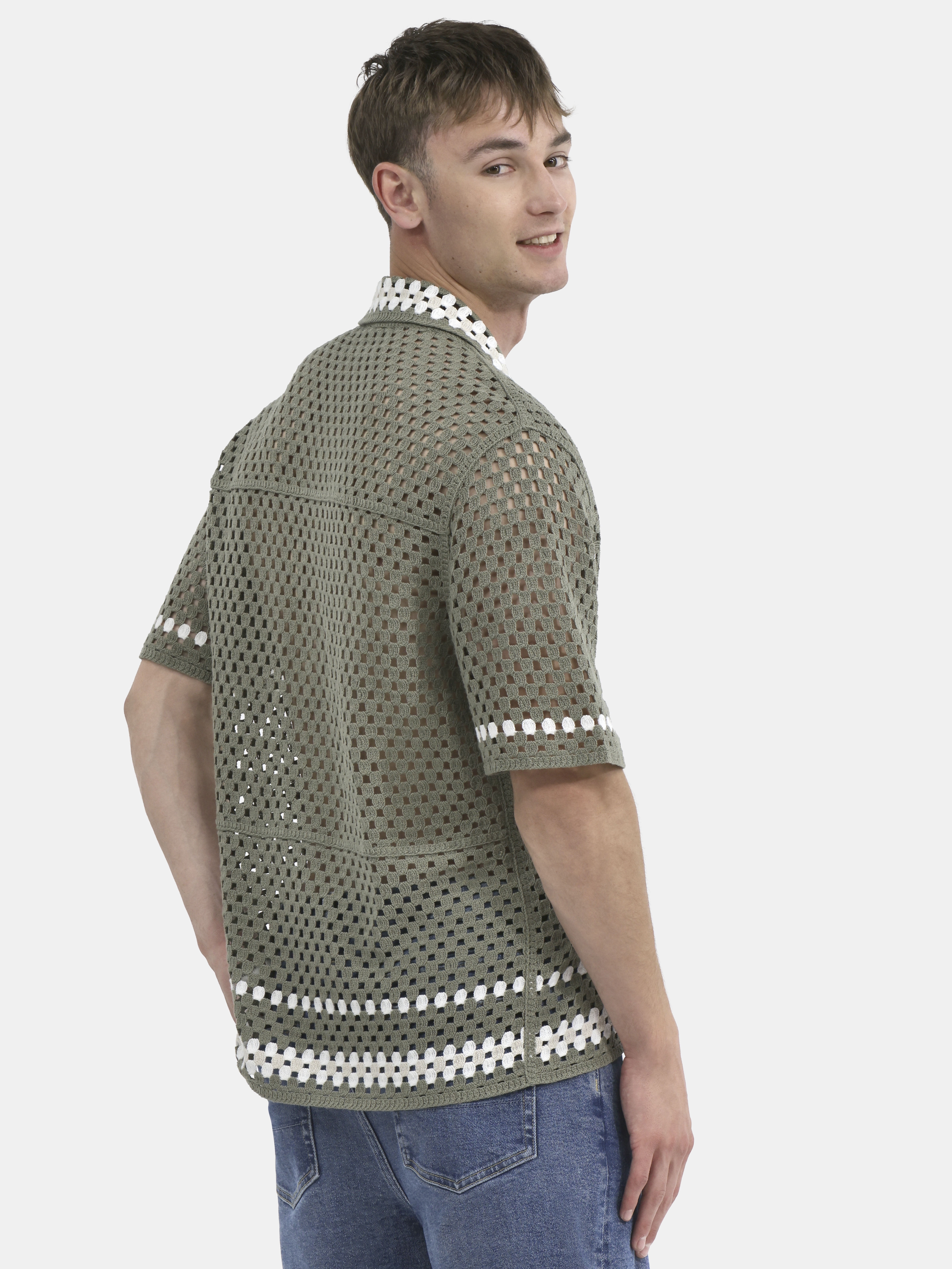No Boundaries Faux Crochet Button-Up Polo Shirt, Men's and Big