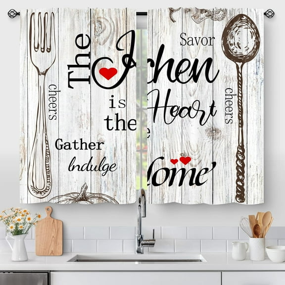 Rustic Farmhouse Kitchen Curtains, Retro Wooden Plank Vintage Fork Spoon, Small Short Cafe Window Curtain Over Sink Bathroom Dining Room Decor Rod Pocket Window Drapes 2 Panels 36"x28" inch