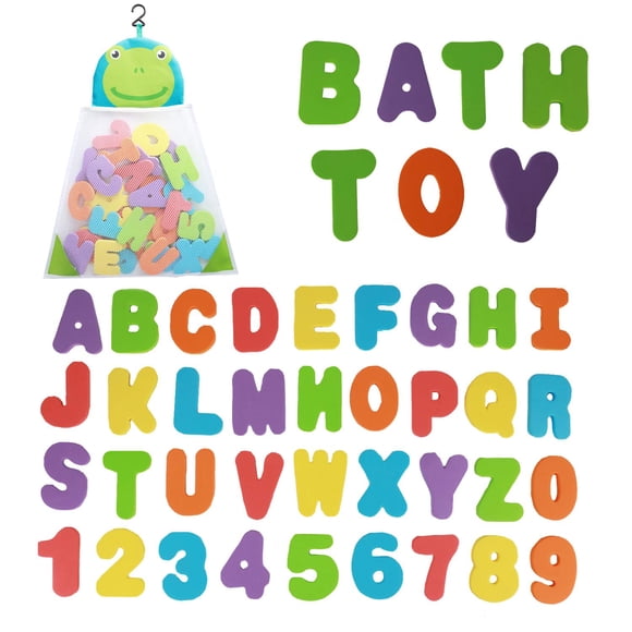 Organizador de juguetes de baño 36 espuma suave Abc 123 letras y números Alfabeto de baño Juguetes para bebés para aprendizaje temprano Letras de espuma y bolsa de red de almacenamiento de secado ráp