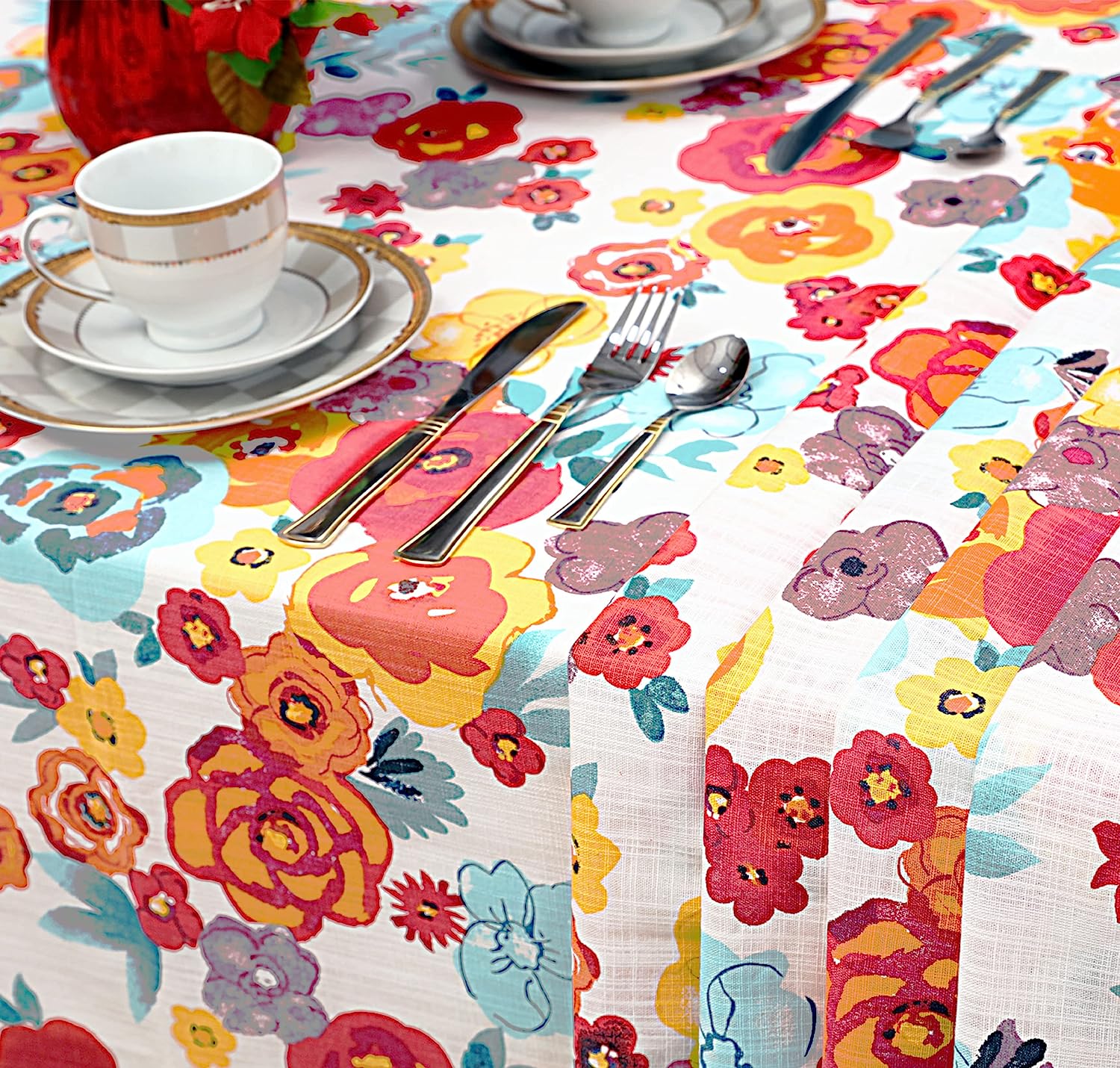 Ruvanti Table Cloth 70" Round 4-6 Seats, Quality 100% Cotton Round Tablecloth, Washable, Reusable Table Cloths, Multi Color Flower Design for Buffet Table, Parties, Holiday Dinner, Wedding & More