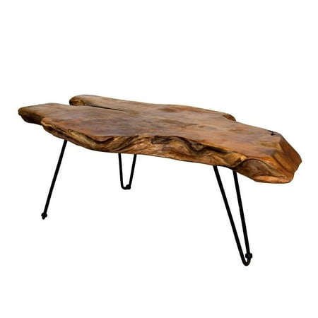 Natural Wood Edge Teak Coffee Cocktail Table with Clear Lacquer
