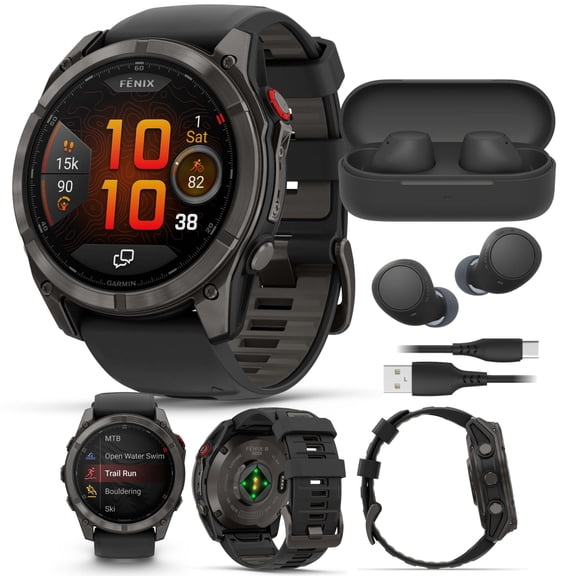 Garmin fenix 8 Pro Sapphire 51mm AMOLED (DLC Titanium/Pebble) GPS Smartwatch Bundle with Wireless Earbuds (Black) (2 Items)
