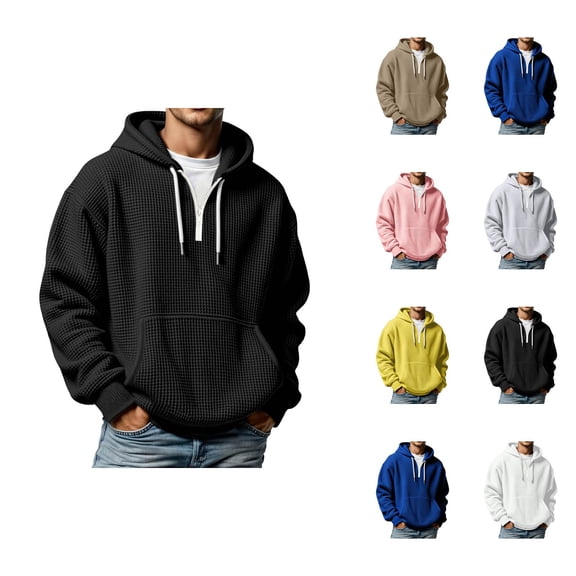 Quarter Zip Pullover Men 2026 Fall Winter Long Sleeve Plain Waffle Knit Hooded Sweatshirt with Pockets Mens Hoodie