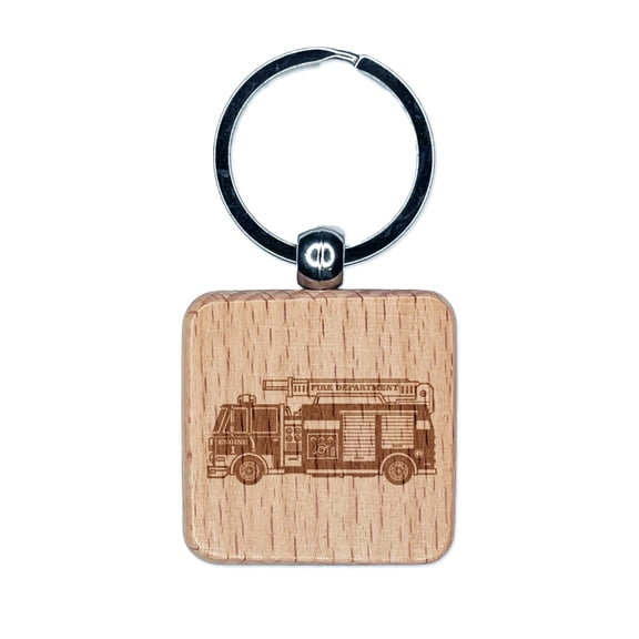 Firetruck Firefighter Safety First Responder Fire Department Vehicle Square Keychain Charm Tag - Engraved Wood