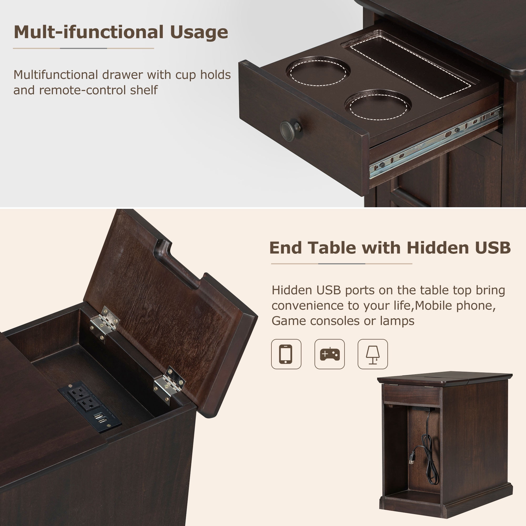 Modern End Table Side Table with USB Ports & Cup Holders,Accent Table Bedside Table for Small Spaces,Living Room,Bedroom,Espresso