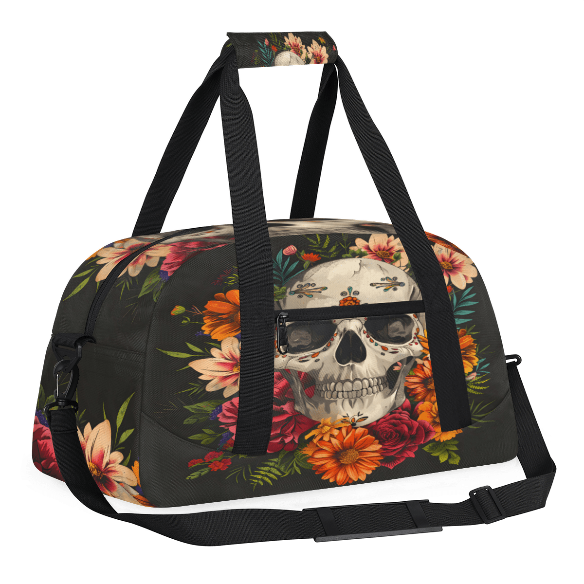 Herdesigns Sports Duffle Bags Travel Duffle Bag Gym Bag Sugar Flower Skull Floral Gothic Weekender Travel Bag Waterproof Overnight Bag Carry On Travel Tote Bag Dance Bags