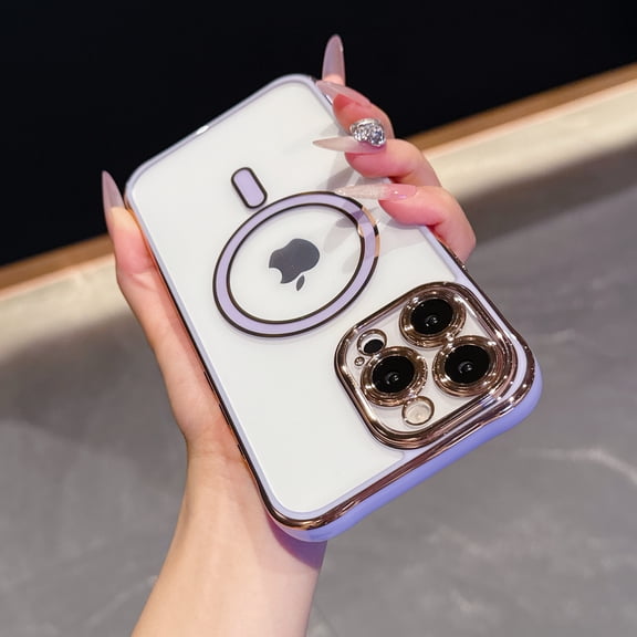 Compatible with MagSafe For iPhone 15 Plus Case,Clear Phone Case with Luxury Rose Gold Electroplated Bumper & Camera Lens Protection, Slim Shockproof Cover for Women Girls,Purple