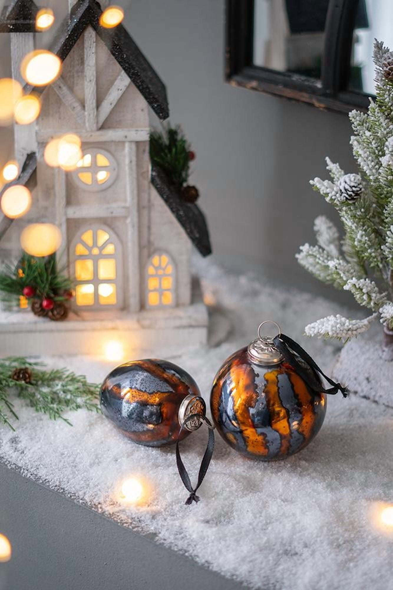 Black and Gold Glass Christmas Ball Ornament Set with Brass Cap Speckled Finish Tree Garland Decor