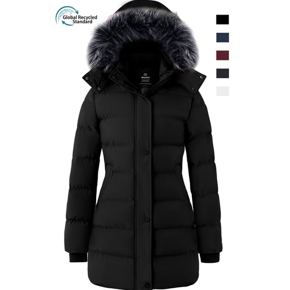 Wantdo Women's Recycled Coat Warm Winter Coat Waterproof Jacket Long Puffer Jacket Black L