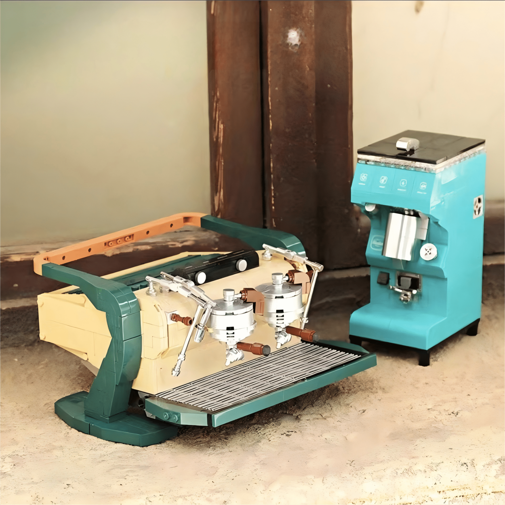 Dual Espresso Machine & Grinder Combo Building Blocks Set, Vintage Coffee Station Building Blocks, Home Office Table Centerpiece Decor