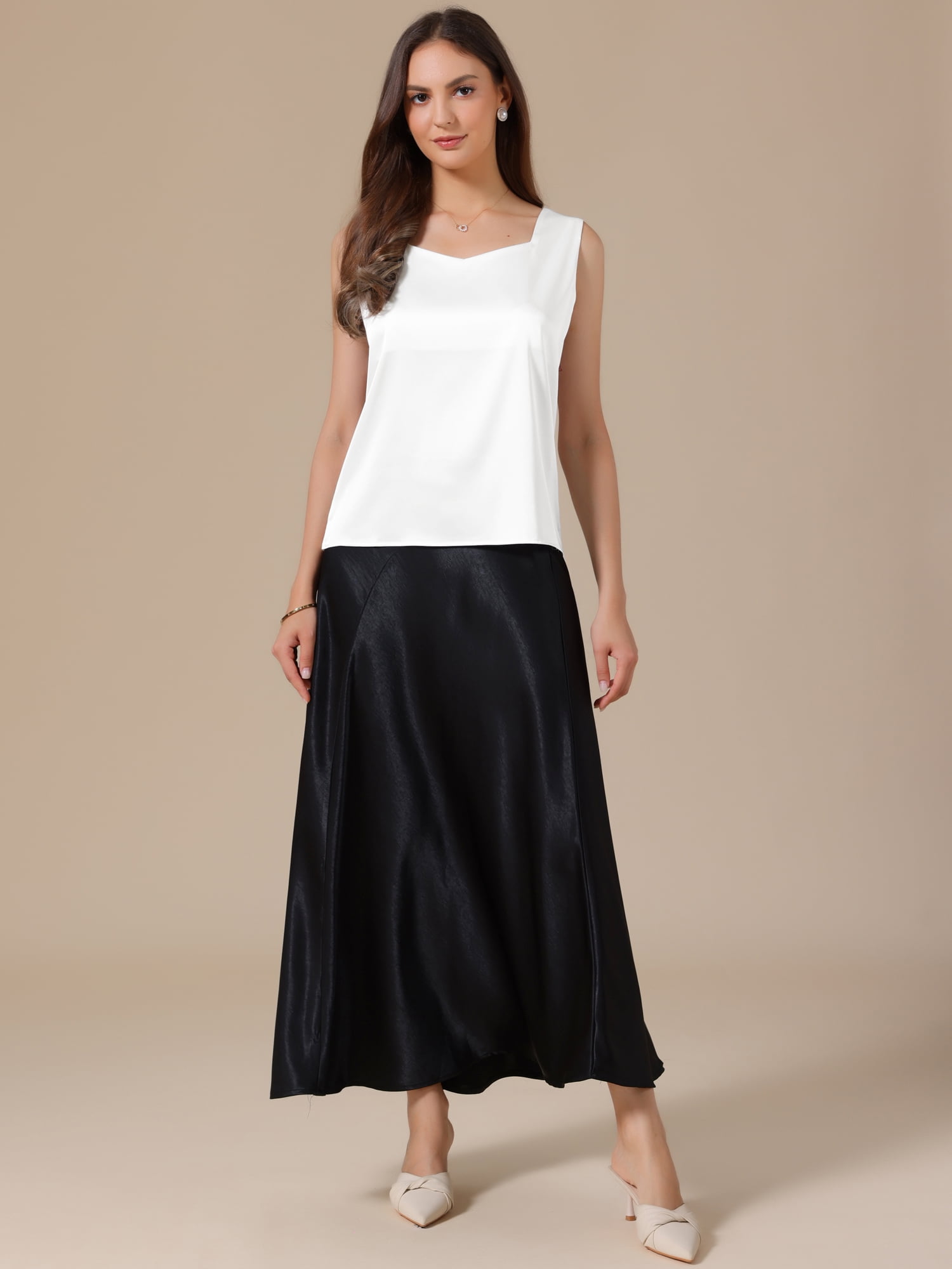DARING DIVA Women's Satin Tank Tops V Neck Dressy Casual Sleeveless Silk Camisole Top M White