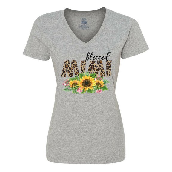 Inktastic Blessed Mimi Leopard Print and Sunflowers Women's V-Neck T-Shirt