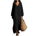 thumbnail image 3 of Tqcoqu Cotton Blend Casual Beach Vacation Long Tunic Dress for Women,Loose Side Slit Lightweight Long Sleeve Linen Maxi Dress, 3 of 8