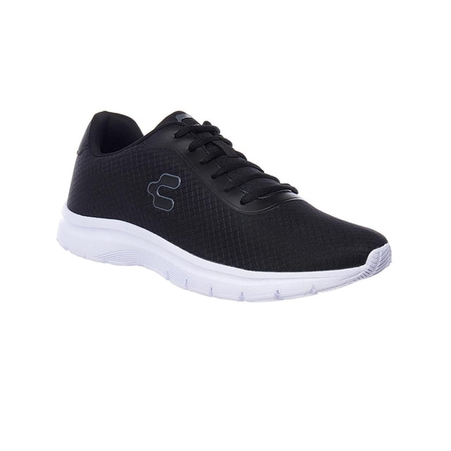 Tenis Charly Hombre Moda Casual Deportivo Textil Negro negro 26 con diseño textil negro y suela blanca, vista 3/4 lateral derecha. Este calzado deportivo para hombre incluye cordones negros, logo Charly en costado y suela ligera, ideal para uso casual y deportivo diario.