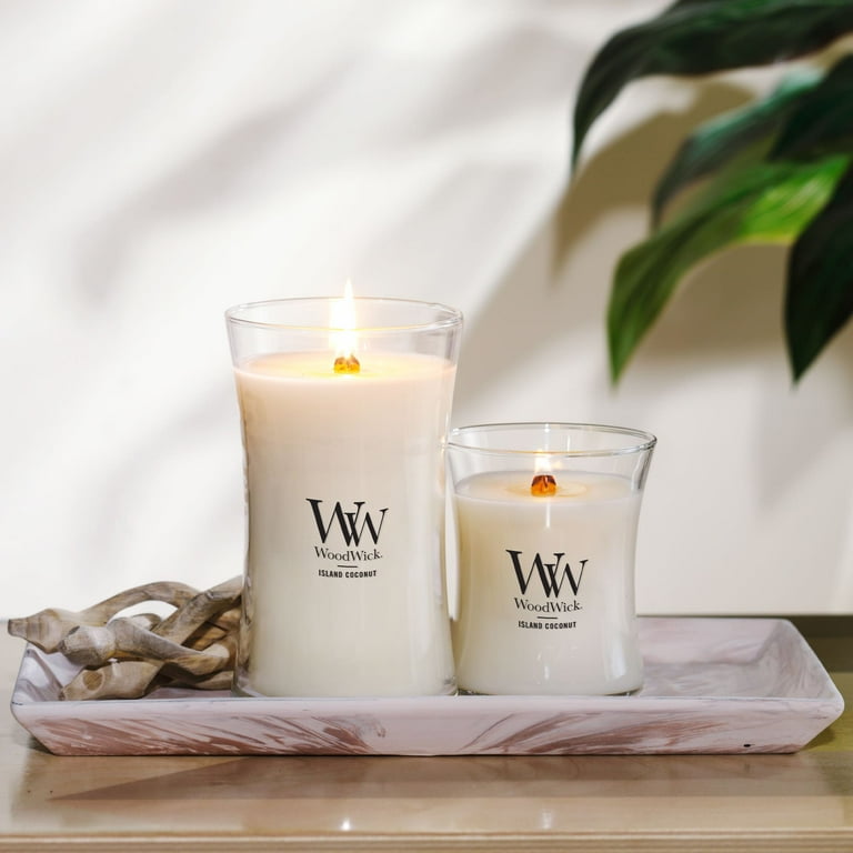 WoodWick Scented Candle White Teak 9.7 oz Hourglass with Crackling