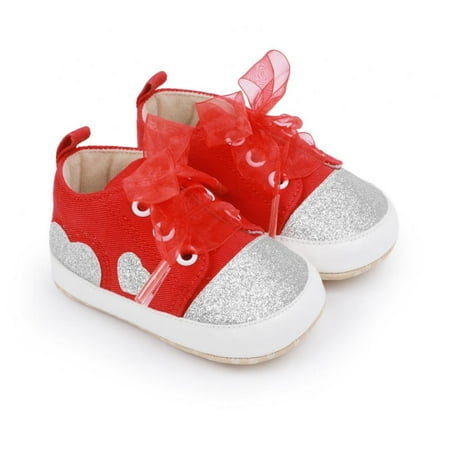 

0-18M Infant Baby Cozy Sneakers Soft Non-Slip Sole Shoes Heart Pattern Boys Girls Glitter Lace-up Casual Prewalker Crib Shoes