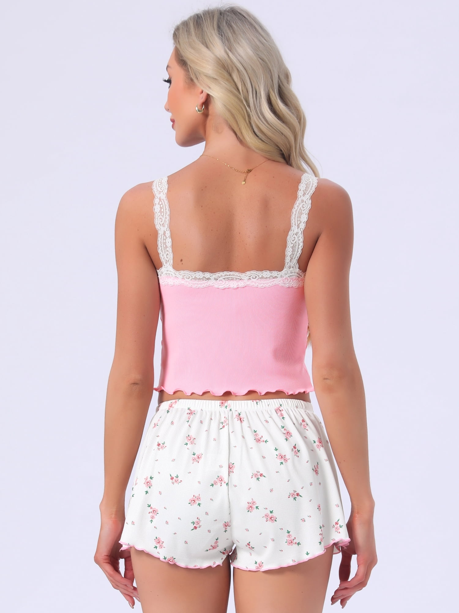 DARING DIVA Women's 2-Piece Pajama Set Lace Tops Sleeveless Floral Shorts 2XL Pink