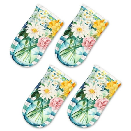 

BaHomeck Pot Handle Holder Covers 4Pcs Watercolor Flowers On Blue And White Stripes Background Non Slip Heat-Resisting Pan Handle Covers For Home Kitchen Baking Cooking BBQ Cookwares 6×3In