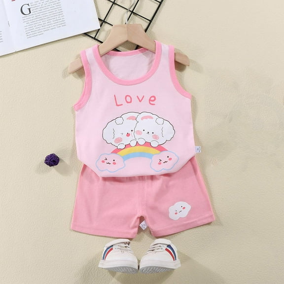 Nrmvnmi Toddler Girls Pink Summer Casual Suit Cute Graphic Print Sleeveless Round Neck Tank Top   Elastic Waist Shorts 2 Pcs Cotton Set For 6 Months-6 Years