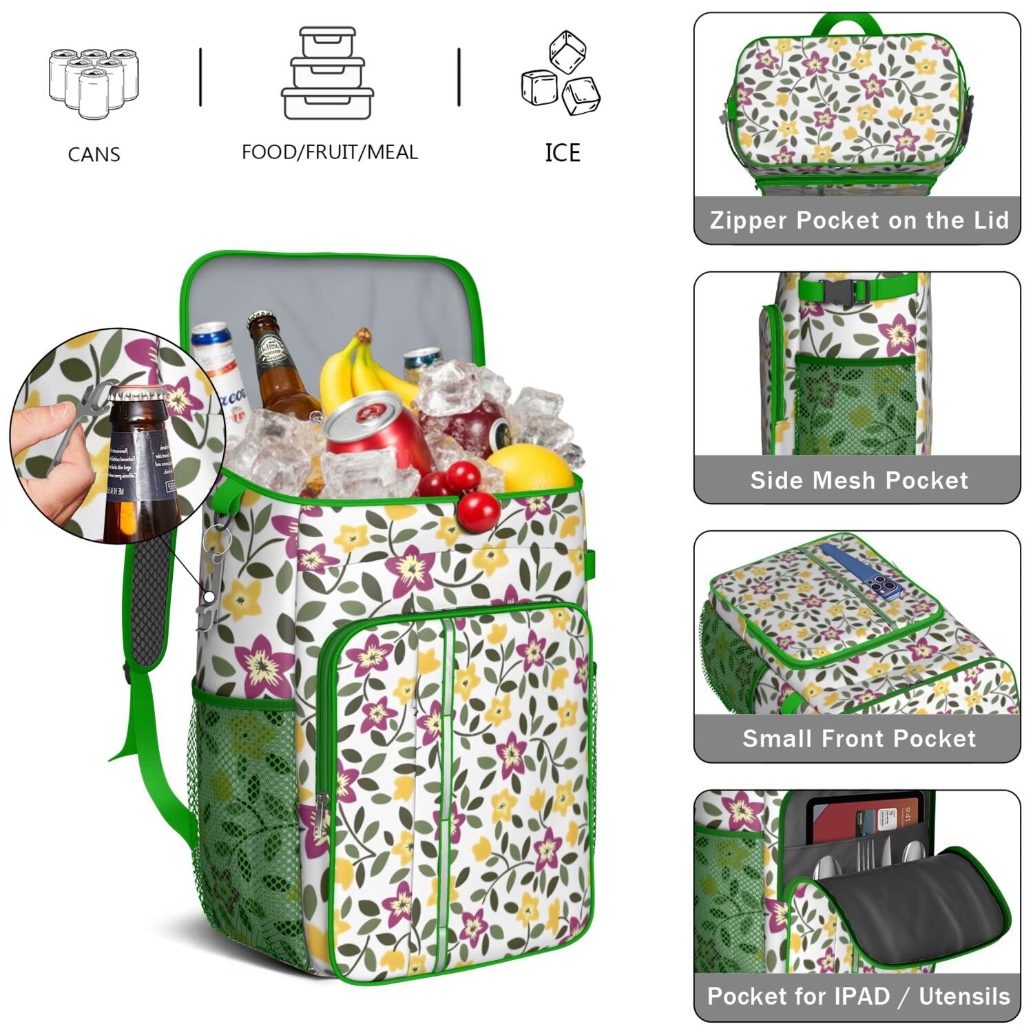 Travel Cooler Bag - Pioneer Flower Floral Print Pattern Camping Beer Cooler Backpack with Bottle Opener- Waterproof Insulated Picnic Backpacks - Cooler Bag for Beach