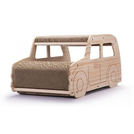 2-in-1 Wood Corrugate Cat Scratcher  Cardboard Cat House  Reversible Car-Shaped Scratch Furniture Protector