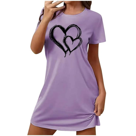 LOVZFMLL Dresses for Women Heart Print Short Sleeve T-Shirt Dress Nightdress Super Soft Cozy Pajama Nightgowns Casual Loungewear