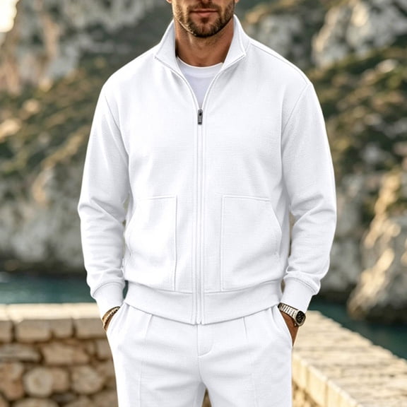 Qiyinn Men's Full Zip Up Sweatshirt Casual Lightweight Long Sleeve Mock Neck Jackets with Pocket