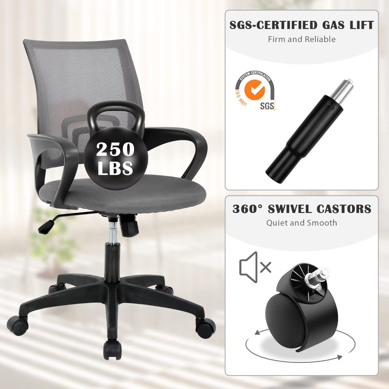YRLLENSDAN Mesh Office Chair with Lumbar Support and Armrest, Comfortable Desk Chairs with Wheel, Home Swivel Chair with Adjustable Height and Tilt, Grey