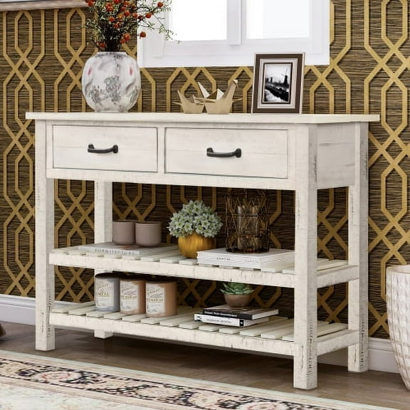 Wulawindy Retro Console Table for Entryway with Drawers and Shelf Living Room Furniture (Antique White)
