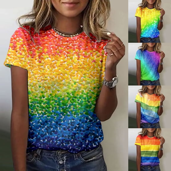 Womens T Shirts Summer Loose Short Sleeve Gradient Print Tops Spring 2026 Crew Neck Casual Basic Tees