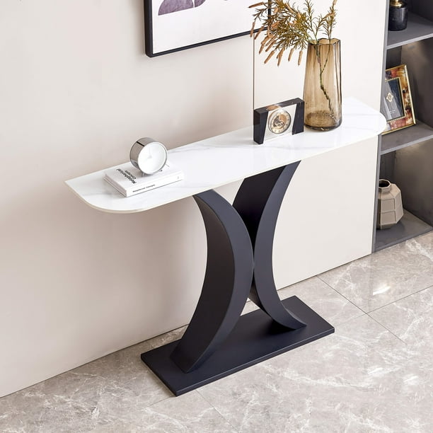 Youdao 47 inches Modern Black Console Table with Geometric Metal Base, White Marbling Narrow