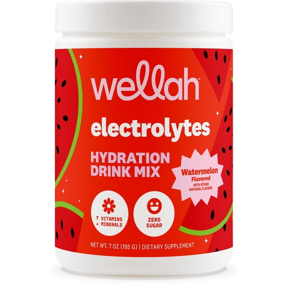 Wellah Electrolytes Powder (Watermelon) 50 Servings - Hydration Drink Mix, 7 Vitamins & Minerals, Zero Sugar