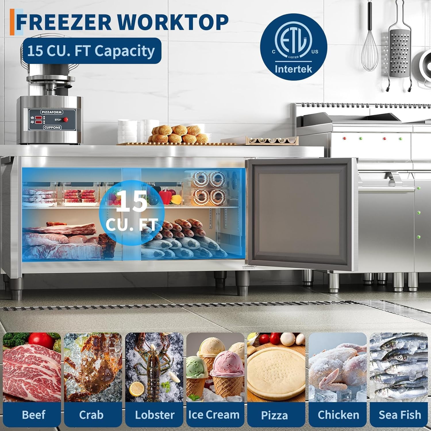 60" Undercounter Commercial Prep Table Freezer – 18 Cu. ft. Stainless Steel, 2-Door Frost-Free Freezer Station for Restaurants, Bars & Stores