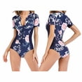 thumbnail image 4 of GYUJNB Maillot de Bain une Pièce Sport Rétro pour Femme à Fermeture Éclair devant, Manches Courtes, Imprimé Floral, Short de Surf, Combinaison, Maillot de Bain, Bleu, 4 of 6