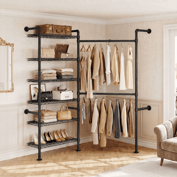 ROGALIS L2 Wall Mounted Clothes Rack, Industrial Pipe Closet Organizers System with 2 Telescopic Rod & 6 Shelves