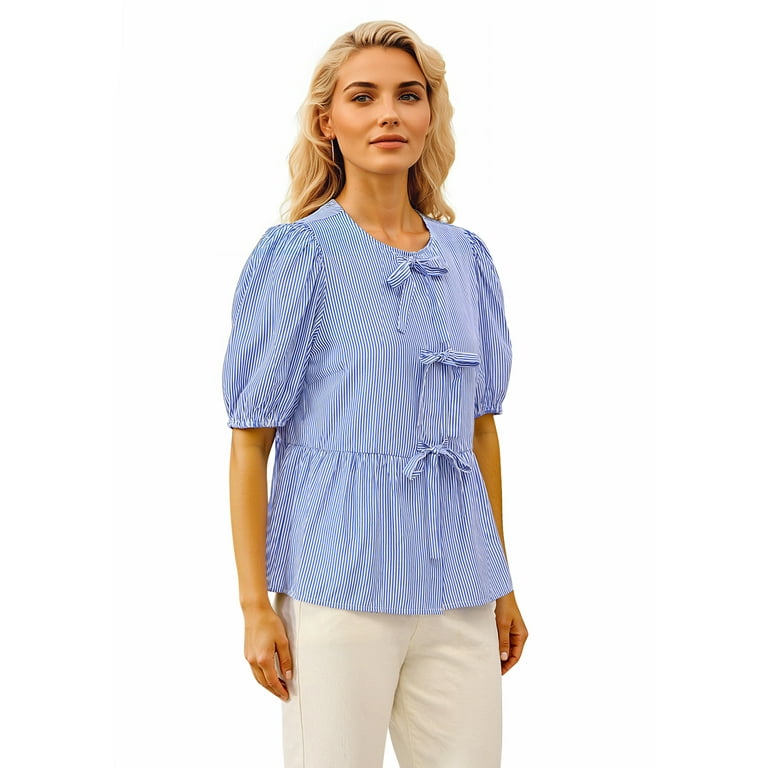 PRETTYGARDEN Women's Bow Front Top with Puff Sleeves, Sizes