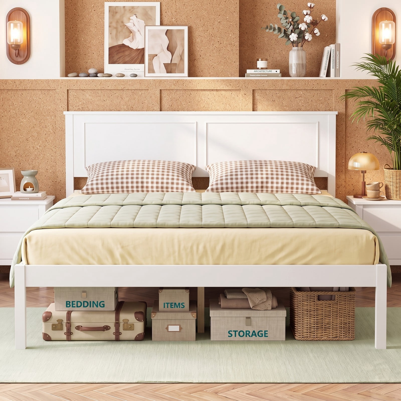 Furnibear Full Size Farmhouse Wood Bed Frame Platform Bed with Paneled Headboard and Under Bed Storage for the Bedroom, White